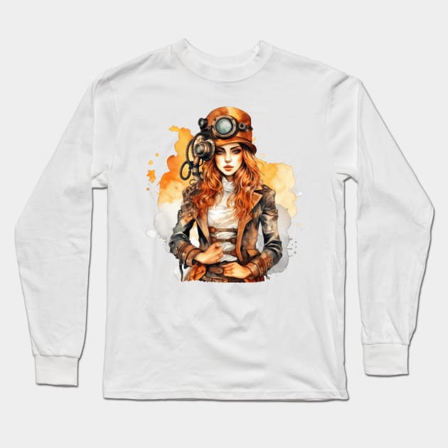 Watercolor Steampunk Girl #5 Long Sleeve T-Shirt by Chromatic Fusion Studio